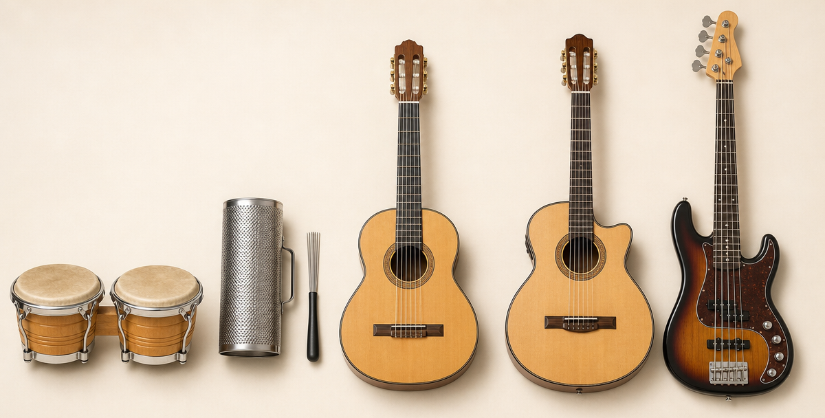 Collage of the five core bachata instruments: requinto, segunda, bongo, güira, and bass